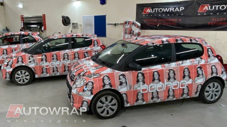 Custom printed wraps for a fleet of BooHoo cars used for advertising